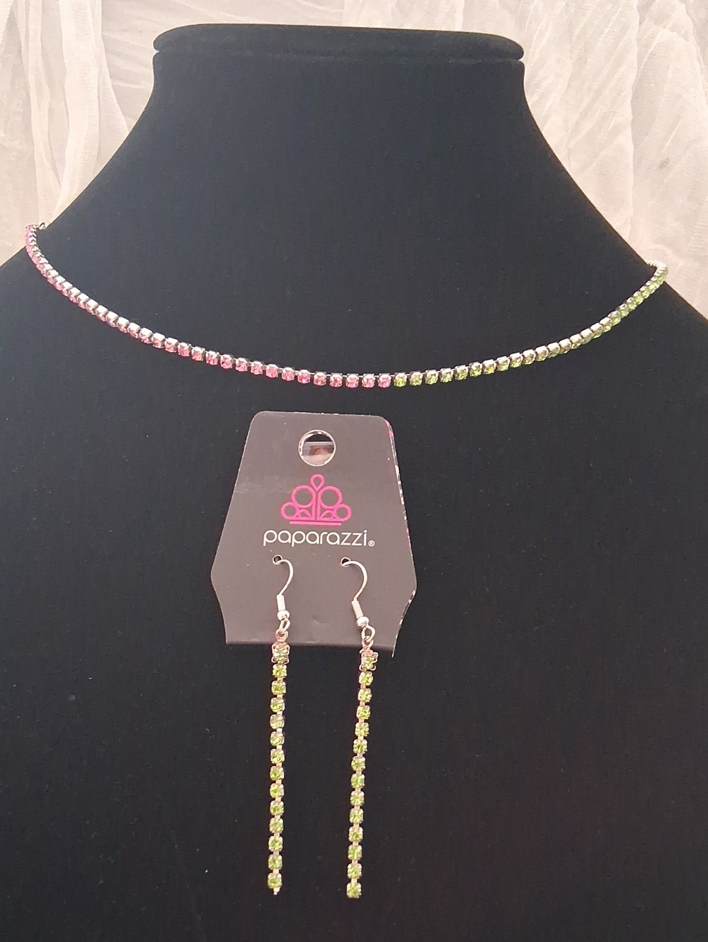 Paparazzi Pink & Lime Crystal Tennis Necklace and Dangle Earrings Set